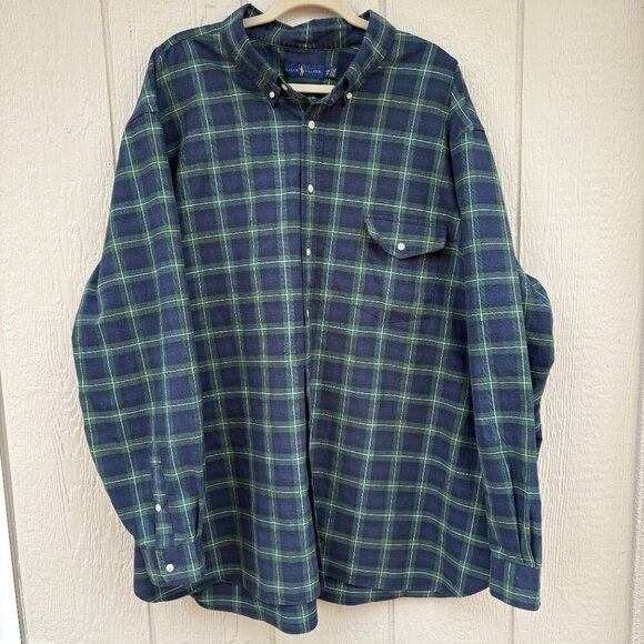 Polo Ralph Lauren Button Down Shirt Men's 4XB Blue Green Plaid Pocket Preppy - Picture 1 of 7